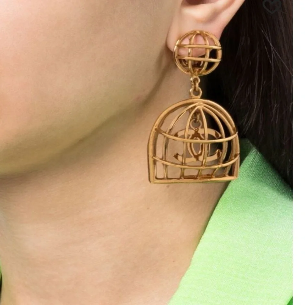 Chanel Large Birdcage 1990’s Gold Earrings with Box CC Vintage Iconic